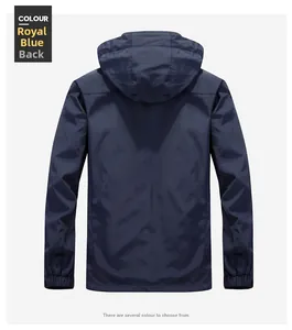Royal blue windbreaker jacket with adjustable drawstring hood and elastic cuffs back view