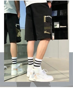 Detail of cargo shorts side pocket with camo pattern and street style letter decoration