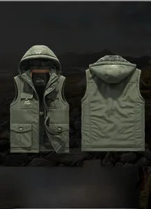 Outdoor hooded military green fleece vest with multiple utility pockets for winter travel