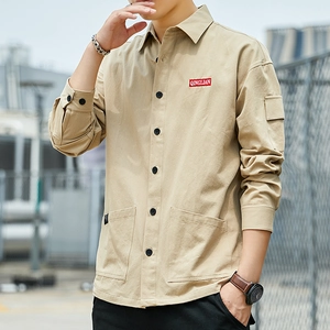 Men's khaki utility work shirt with pockets and minimalist street style design