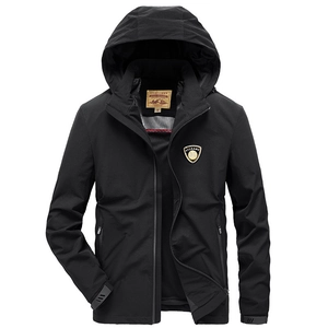 Men's black hooded outdoor jacket with breathable mesh lining and windproof velcro cuffs