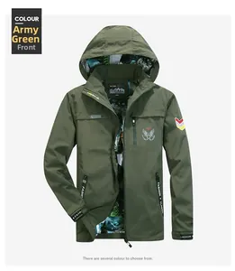 Detail of army green windproof jacket with Flying Tigers logo and tactical arm patch