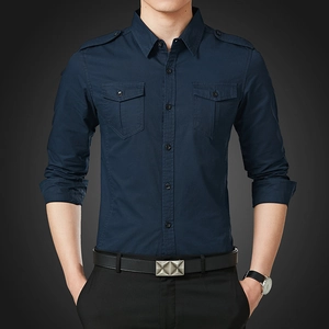 Chemise à Manches Longues pour Hommes Style Militaire 100% Coton Coupe Slim Business Casual Avec Épaulettes et Doubles Poches