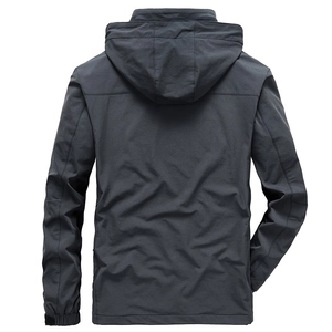 Men's dark grey hooded windbreaker outdoor jacket with adjustable velcro cuffs, back view