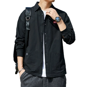 Men's black long sleeve cargo shirt jacket with dual front pockets and classic collar
