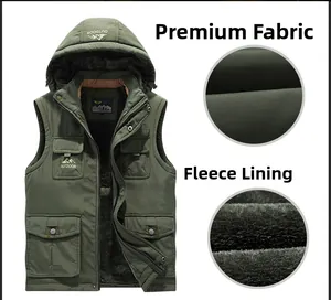 Detail view of army green hooded vest featuring thick fleece lining and functional pockets