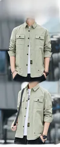 Detail of army green military cotton shirt featuring chest pockets and fashion hem label