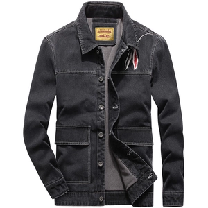 Veste en jean pour homme gris foncé doublée polaire avec poches cargo et broderie plume