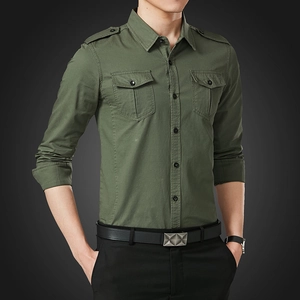Chemise de travail homme vert armée à manches longues avec épaulettes et poches poitrine