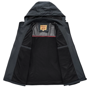 Men's dark gray hooded windbreaker with breathable mesh lining and red stitching accents