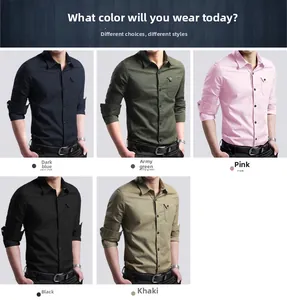 Detail view of cotton slim fit shirts in dark blue army green pink black and khaki