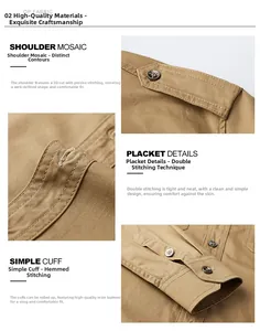 Detail view of the khaki cotton military shirt featuring shoulder stitching and cuffs
