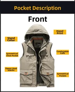 Detail of khaki outdoor hooded vest featuring warm fleece lining and multiple utility pockets