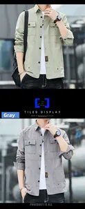 Detailed view of men's military cotton shirts in grey and green with double chest pockets