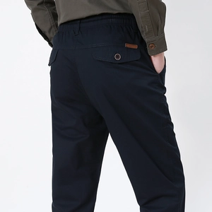 Men's navy casual straight-leg trousers with elastic waist and buttoned back pockets