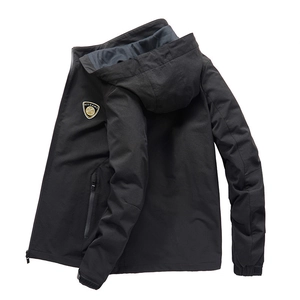 Men's black hooded outdoor jacket with waterproof zippers and adjustable cuffs