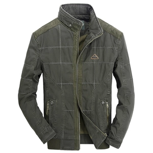 Men's olive green quilted bomber jacket with a stand collar and ribbed cuffs design