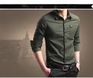 Detail of army green slim fit long sleeve cotton cargo shirt for men with chest pocket