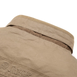Men's khaki cotton outdoor jacket with stand collar and embroidered outdoor fashion logo