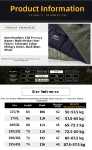 Detailed size guide table for fleece-lined hooded thermal vest with outdoor specifications