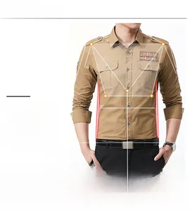 Detail of khaki slim fit military shirt featuring double chest pockets and epaulettes