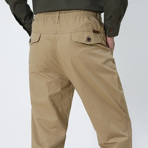 Men's khaki cotton casual pants with elastic waist and buttoned rear flap pockets