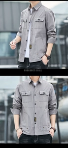 Detail view of cotton military shirt jacket showing dual chest pockets and fashion labels