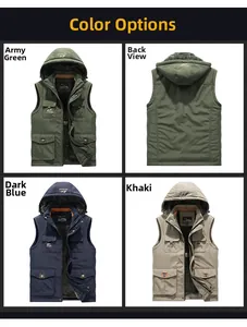 Detail view of hooded fleece vests in army green, navy blue, and khaki with multi-pockets