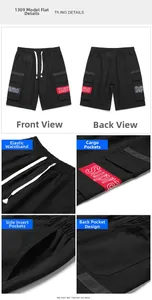 Detail view of cargo shorts showing elastic waistband with drawstring and side utility pockets