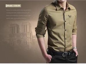 Detail of khaki cotton utility shirt featuring chest pocket and classic button-down design