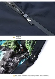 Detail of dark blue jacket featuring black metal zipper and adjustable drawstring hem with mesh lining