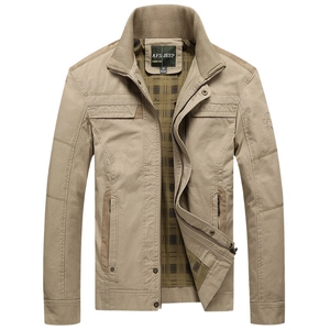 Men's casual khaki stand collar jacket with checkered lining and utility pockets