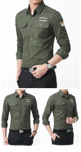 Detail view of army green cotton military shirt with shoulder tabs and embroidered patches