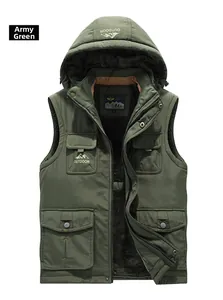 Close-up of army green hooded vest featuring warm black fleece lining and outdoor logo