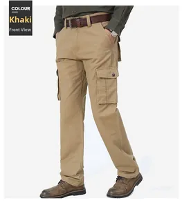 Vue de face du pantalon cargo kaki pour hommes avec de grandes poches latérales et coupe droite