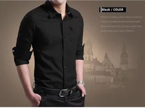Detailed view of men's slim-fit black shirt featuring classic collar and chest pocket