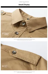 Detailed view of the khaki cotton military shirt showing the collar and shoulder epaulettes