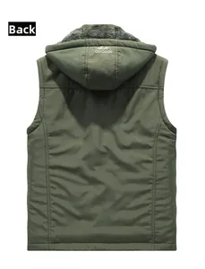 Detail of army green hooded vest back showing mountain logo and grey fleece lining