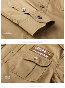 Macro detail of khaki twill cotton sleeve cuffs and chest pocket with vintage patch