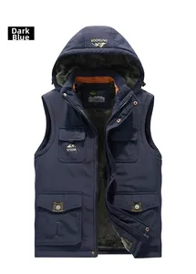 Detail of dark blue fleece-lined hooded vest with four utility pockets and outdoor print