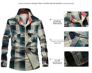 Detail view of cotton plaid shirt featuring button-down collar and red inner lining