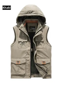 Detail of khaki men's hooded vest featuring soft fleece lining and four flap pockets
