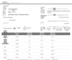 Size chart for men's long sleeve cotton plaid shirt showing detailed measurements from S to 4XL