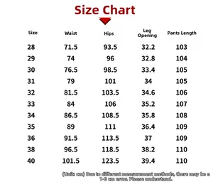 Detailed size chart for men's straight casual trousers including waist and length data