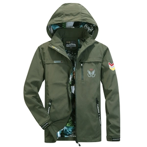 Army green men's hooded outdoor jacket with camo lining and flying tigers badge