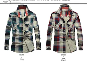 Detail view of cotton plaid shirts featuring double chest pockets and button-down front