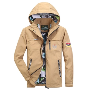 Men's khaki hooded outdoor jacket with windproof fabric and stylish military cargo pockets