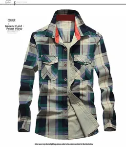 Detail of green plaid cotton shirt featuring double chest pockets and brown buttons
