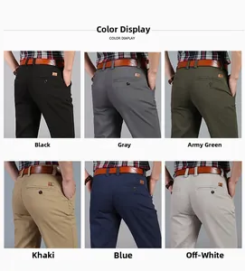 Rear view detail of casual straight-leg pants for men in six different versatile colors