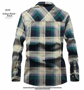 Detail showing the green plaid pattern texture on cotton long sleeve casual shirt